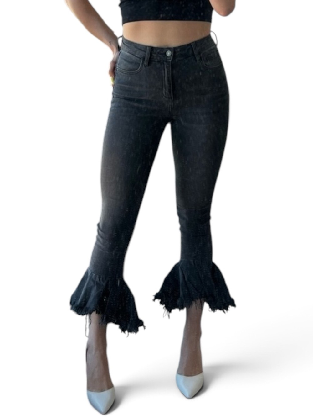 Highway Jeans Black Flared Flounce Frayed-Hem Jeans Stretch Denim Size 5